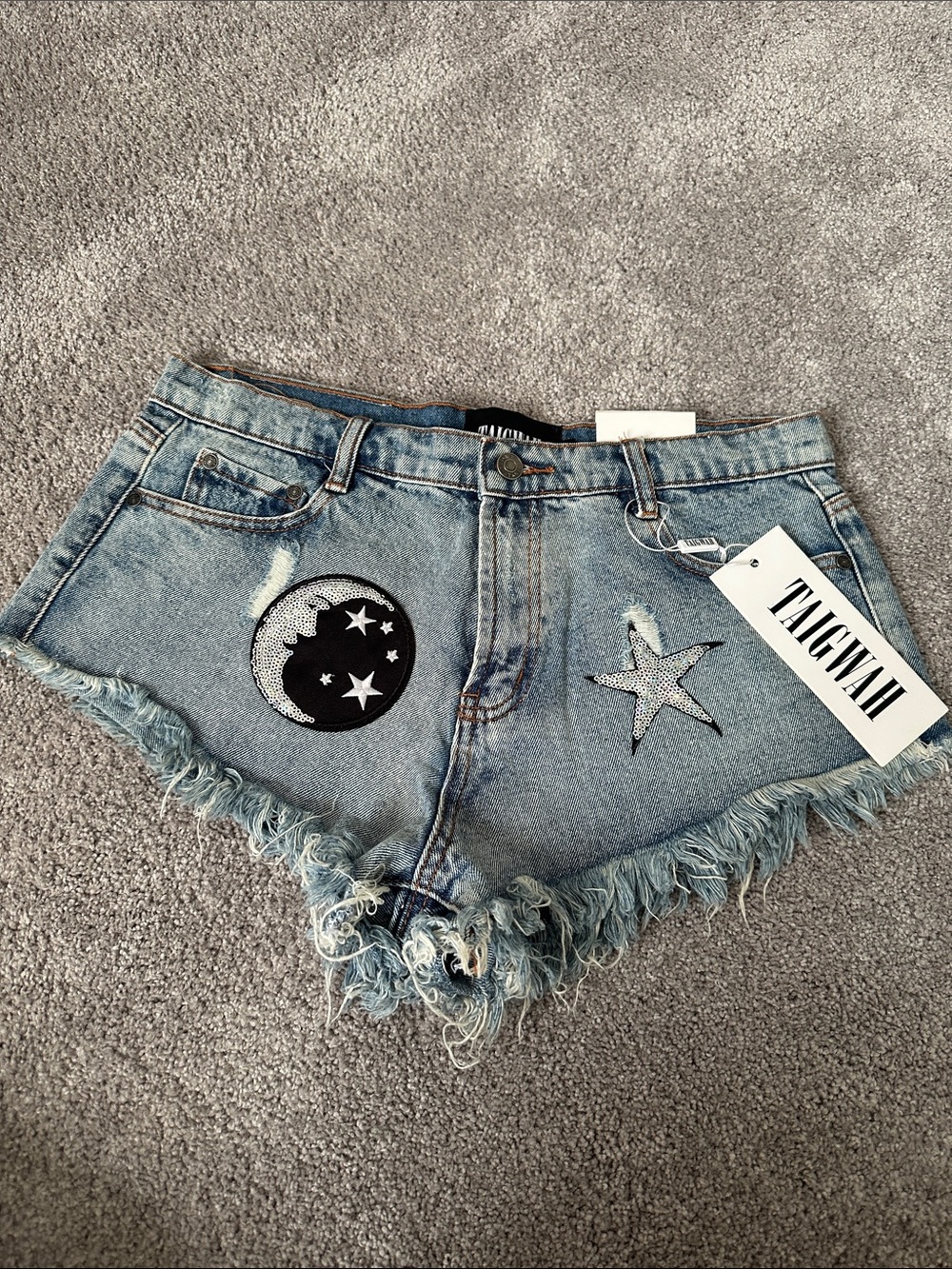 Taigwah Waist High Frayed Denim Shorts with Moon & Star Patches - Light Blue